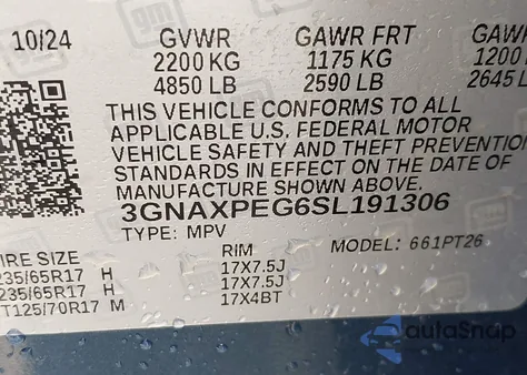 2025 Chevrolet Equinox Awd Lt из США, поврежденный, VIN 3GNAXPEG6SL191306